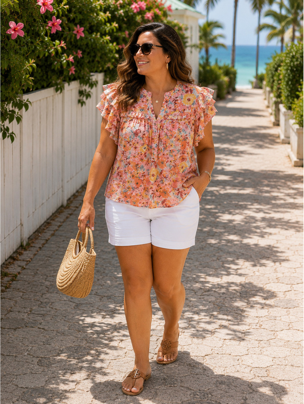 Democracy Floral Ruffle Blouse 1X Boho Cottagecore Romantic Flutter Sleeve Top